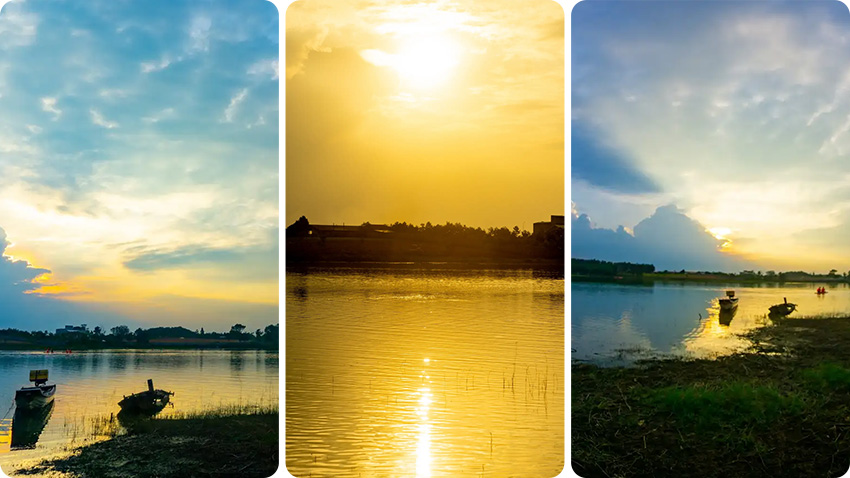 nascer e pôr do sol no lago Tri An